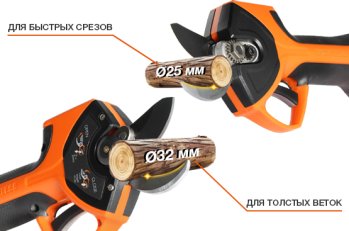 Два угла раскрытия лезвий: 25 мм – для быстрых срезов 32 мм – для толстых веток Для цветов, кустарников, деревьев.